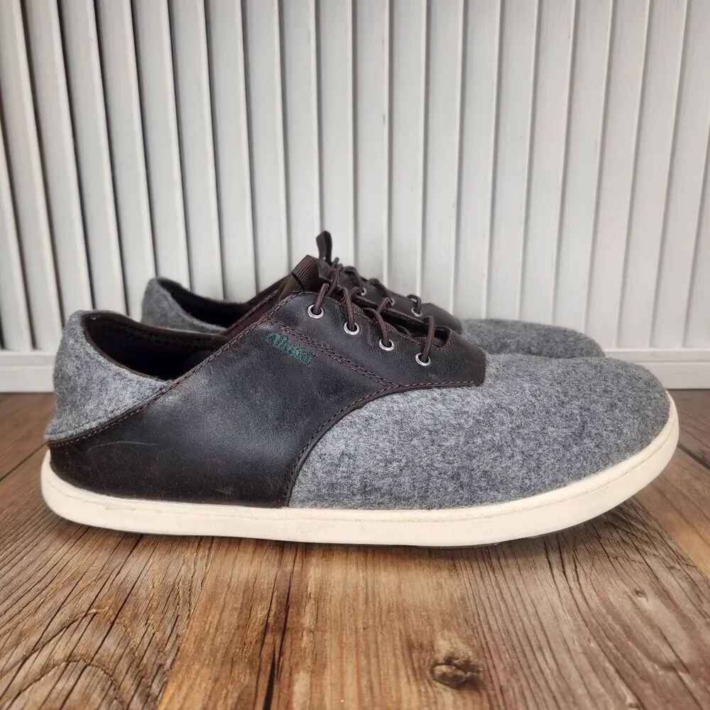 Olukai Nohea Moku Hulu Mens Sz 8 Gray Wool Leather Slip On Casual Sneakers Shoes